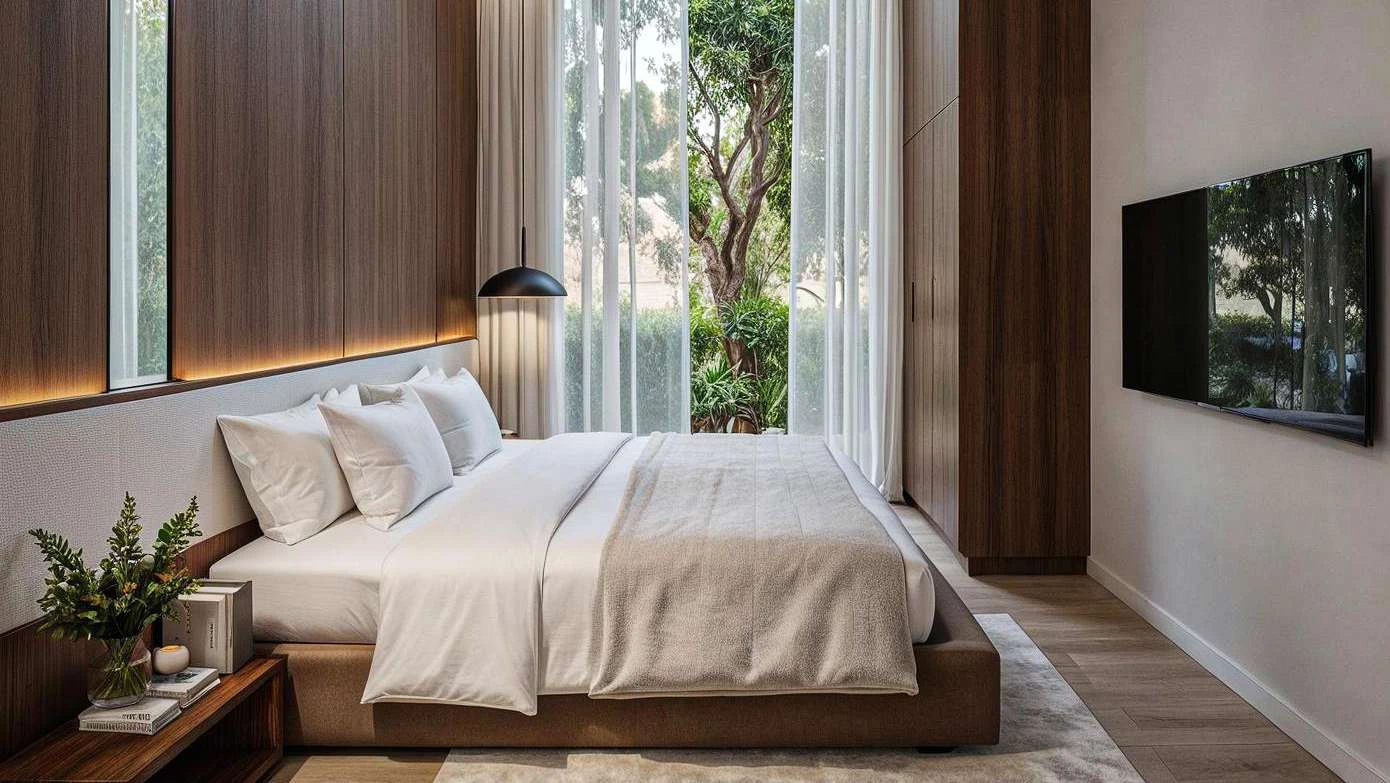 Bedroom with natural materials and soft daylight