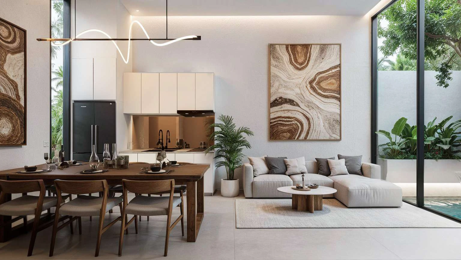 Open-plan townhouse living and dining room