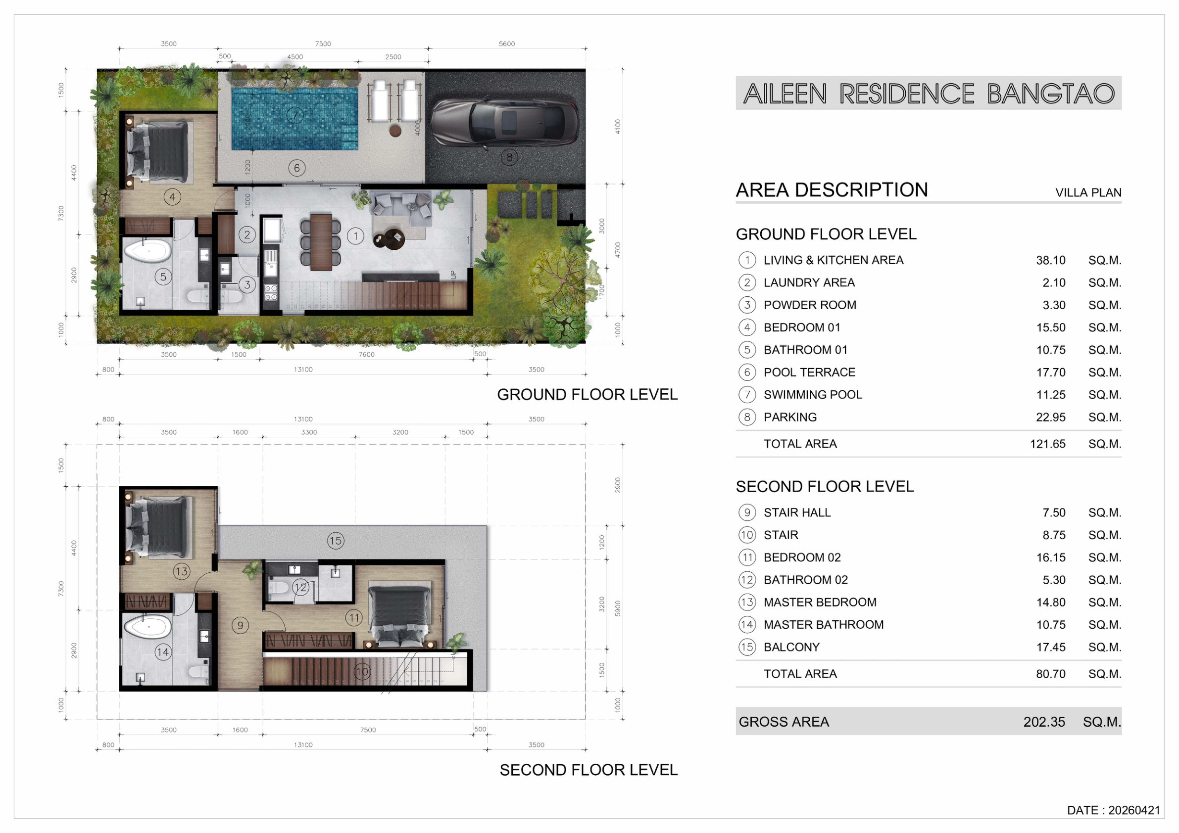 Ground and upper floor plan of the pool villa